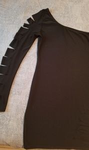 Black one sleeve mini. Cutouts on sleeve, front